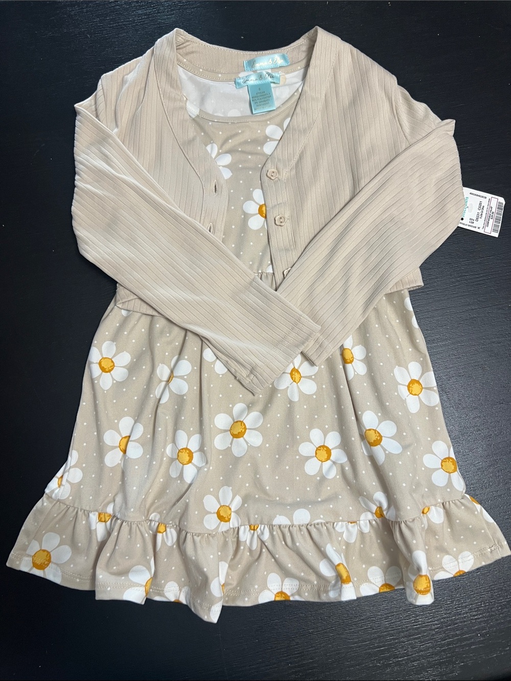 Beige Daisy Print Dress with Matching Cardigan - Kids